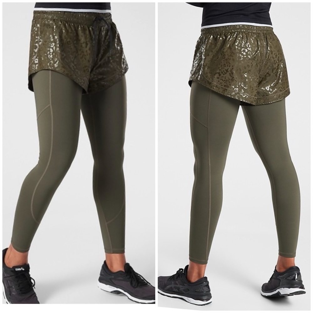 Athleta Rainier 2 In 1 Tights XS X-Small Ancient Green Leggings Shorts $108